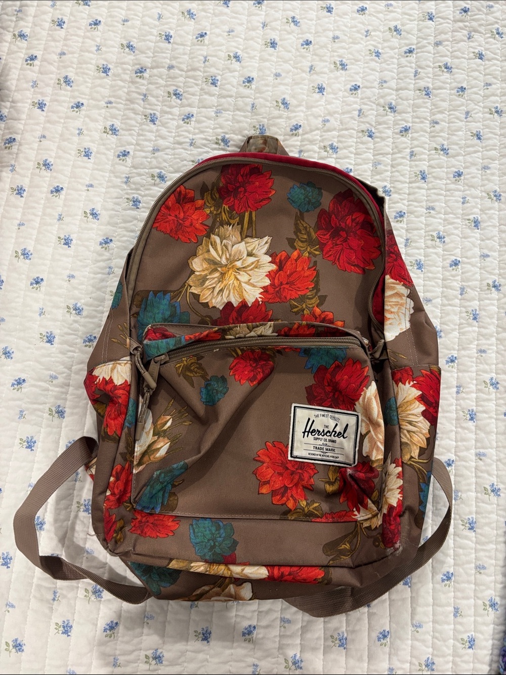 Herschel Supply Company Brown Floral Backpack with Red, Cream & Teal Flowers